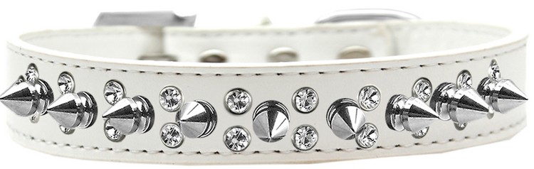 Double Crystal and Silver Spikes Dog Collar White Size 14